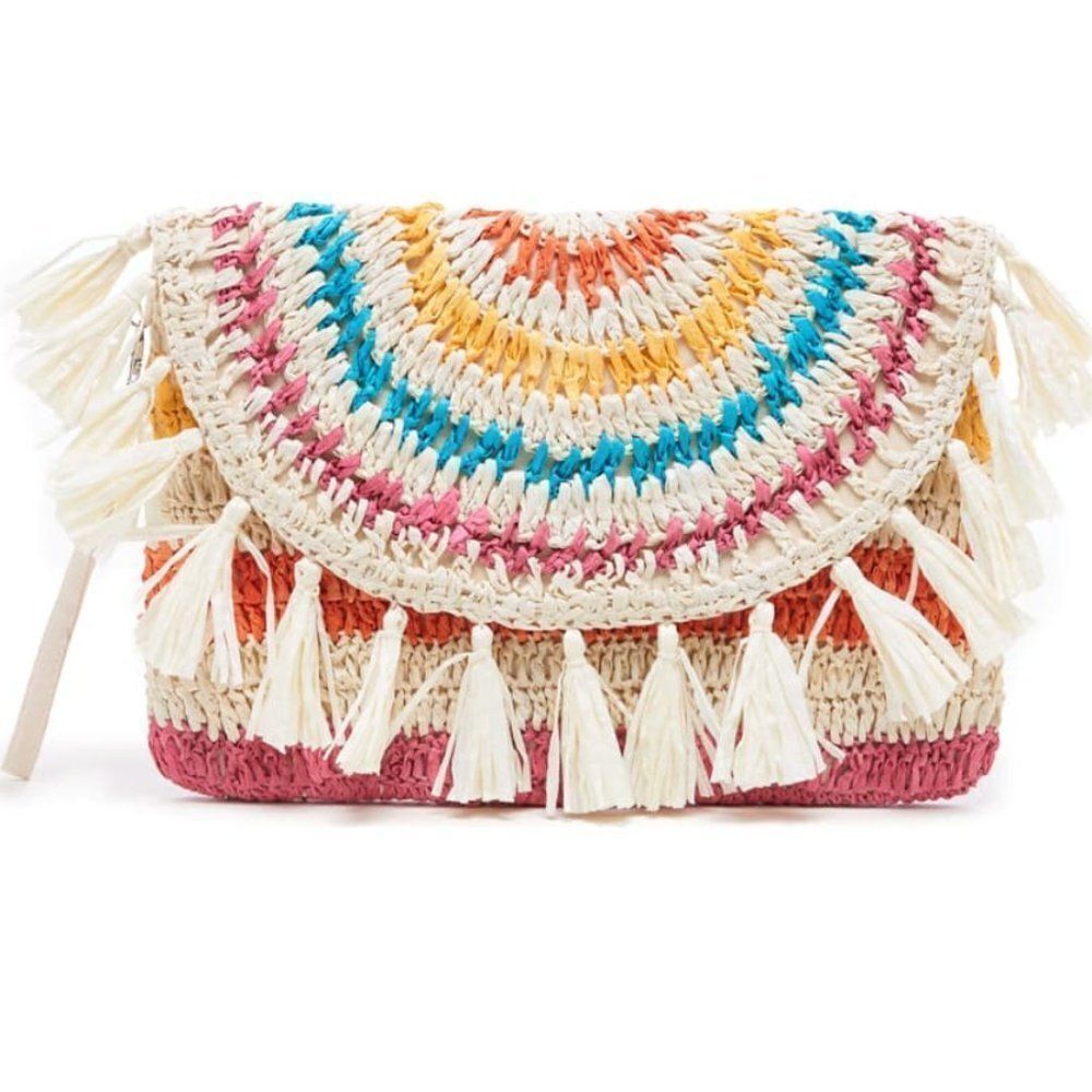 SOLE SOCIETY Tasseled Raffia Clutch
